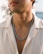 Marco Maveri Silver Cuban Link Chain worn with a linen shirt, close-up, Silver