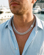 Marco Maveri Cuban Link Chain with Cubic Zirconia worn with a linen shirt, close-up, Silver