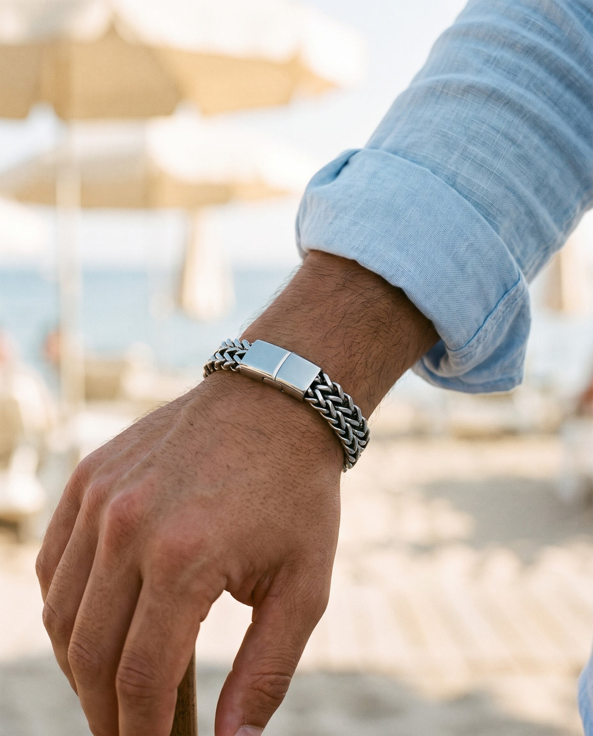 Marco Maveri Double Wheat Link Bracelet worn with a linen shirt, close-up, Silver