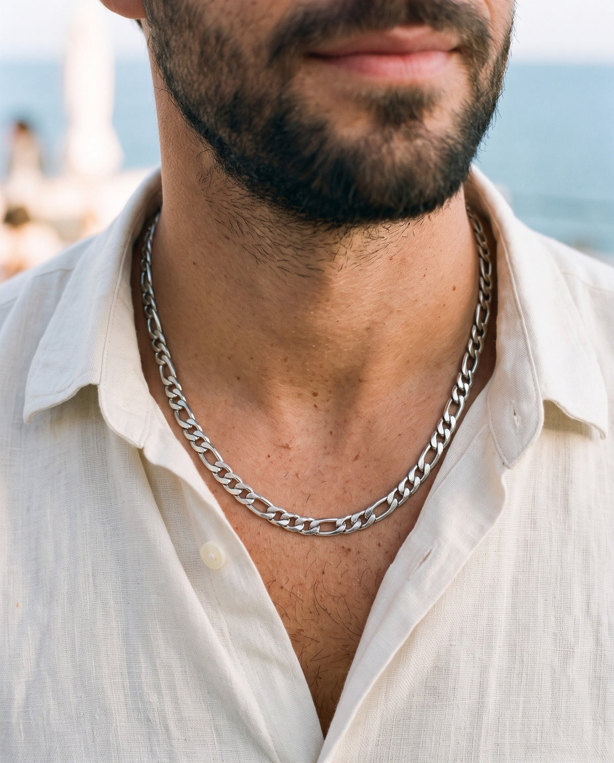 Marco Maveri Figaro Link Chain Necklace worn with a linen shirt, close-up, Silver