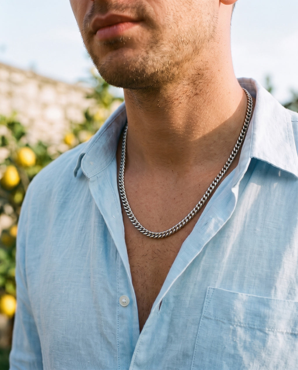 Marco Maveri Franco Link Chain Necklace worn with a linen shirt, close-up, Silver