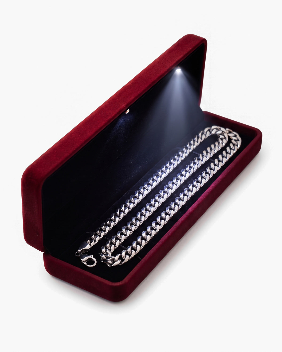 Marco Maveri Light Box chain box with a Cuban chain inside, LED on