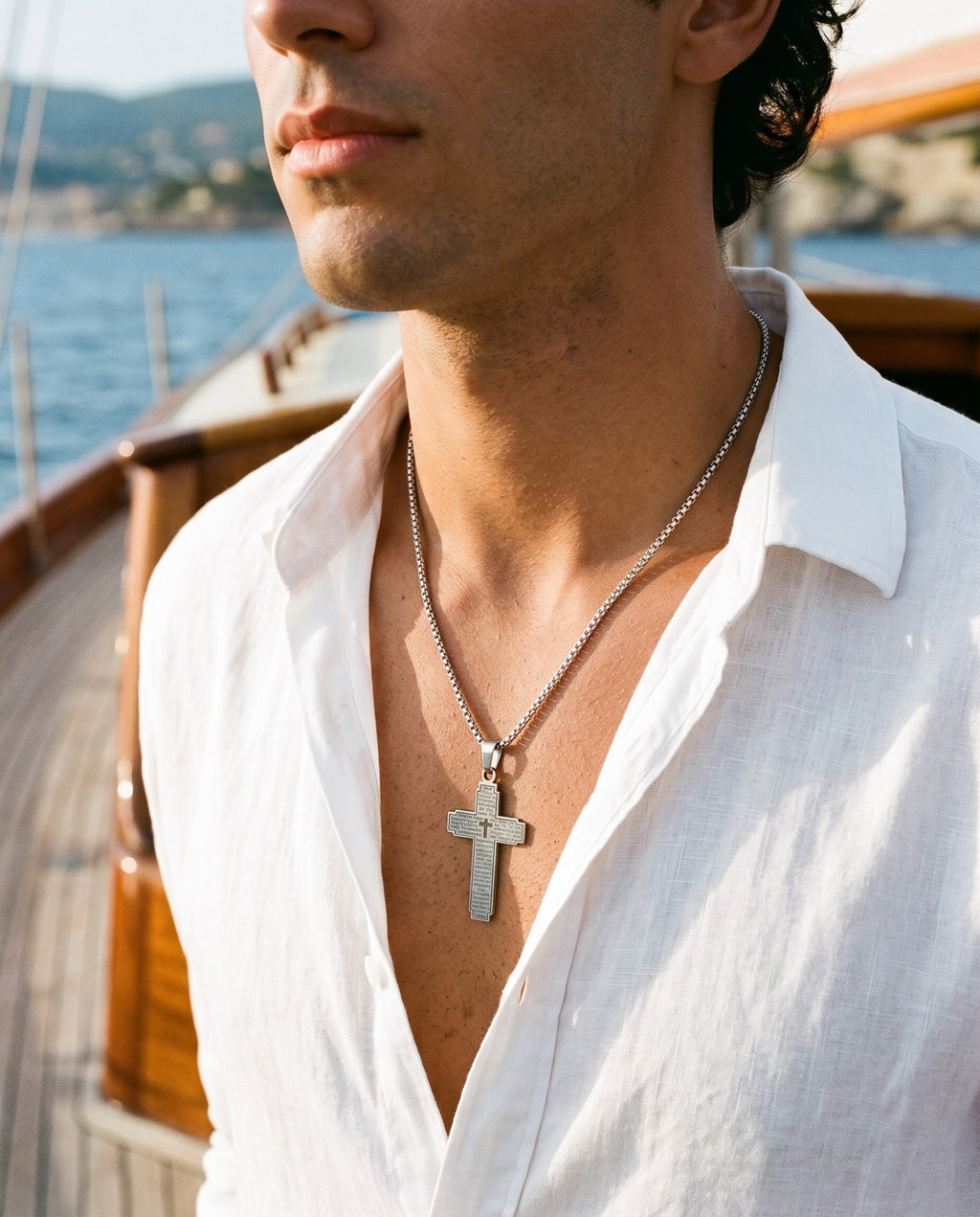 Marco Maveri Lord's Prayer Cross Pendant Necklace worn with a linen shirt, close-up, Silver