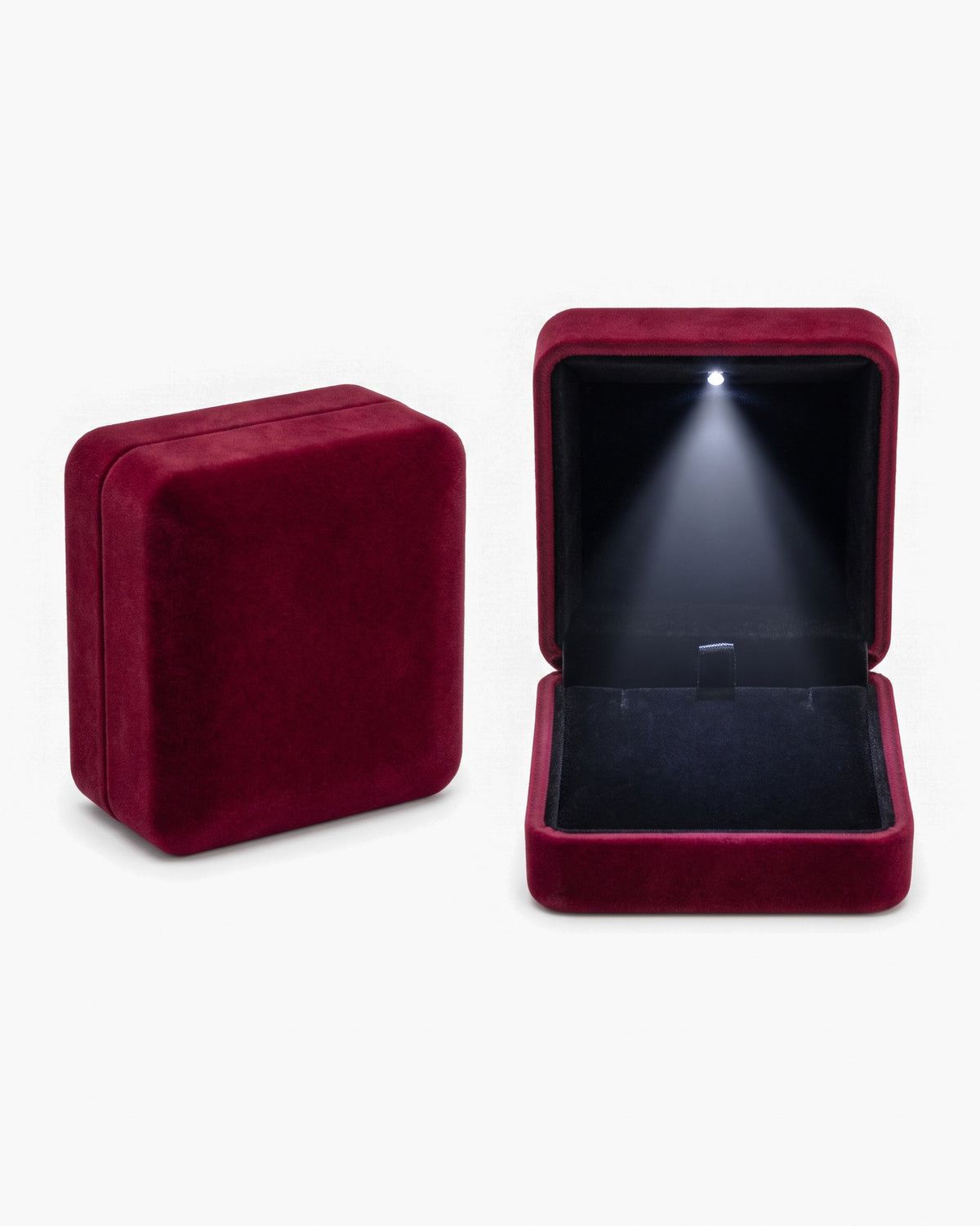 The Marco Maveri Light Box, red velvet LED jewelry box, closed and open
