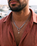 Marco Maveri Mixed Chain with Four-Point Star Pendant worn with a linen shirt, close-up, Silver