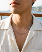 Marco Maveri Polished Cable Link Chain Necklace worn with a linen shirt, close-up, Silver