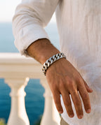Marco Maveri Polished Curb Link Bracelet worn with a linen shirt, close-up, Silver