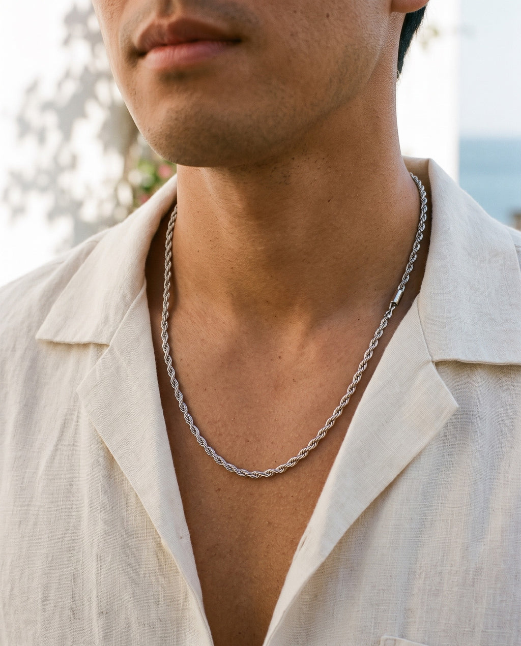Marco Maveri Rope Chain Necklace in Stainless Steel worn with a linen shirt, close-up, Silver