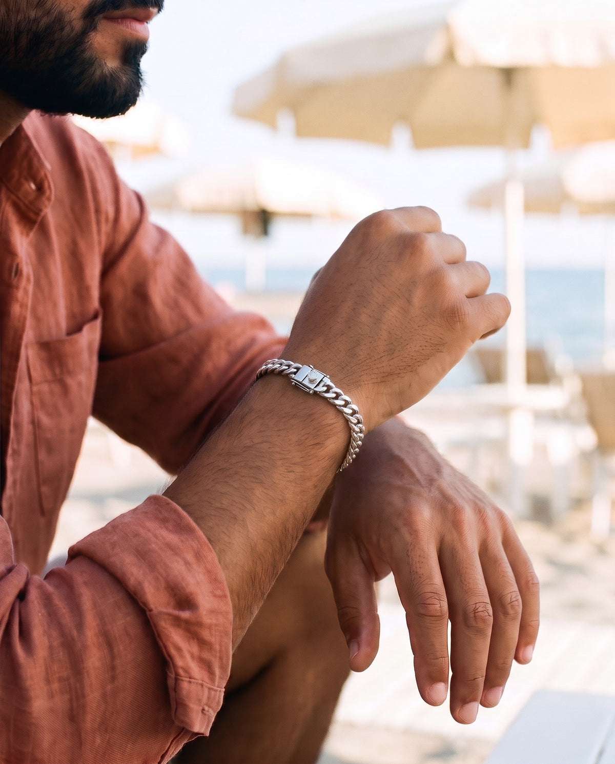 Marco Maveri Silver Cuban Link Bracelet worn with a linen shirt, close-up, Silver