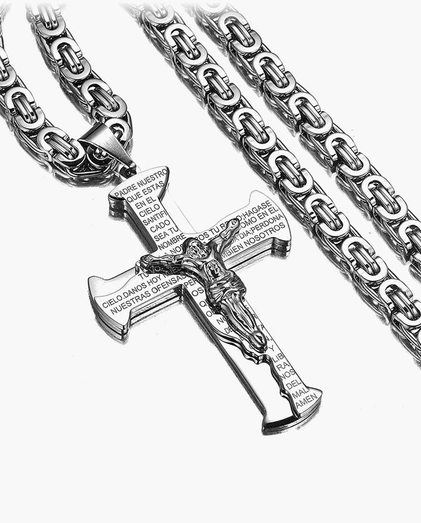 Marco Maveri Titanium Steel Byzantine Chain with Crucifix Pendant, Silver