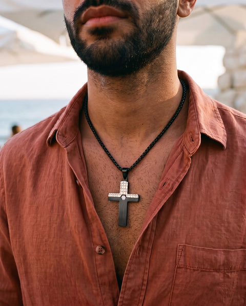 Two-Tone Inlaid Cross Pendant Necklace