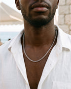 Marco Maveri Wheat Link Chain in Titanium Steel worn with a linen shirt, close-up, Silver