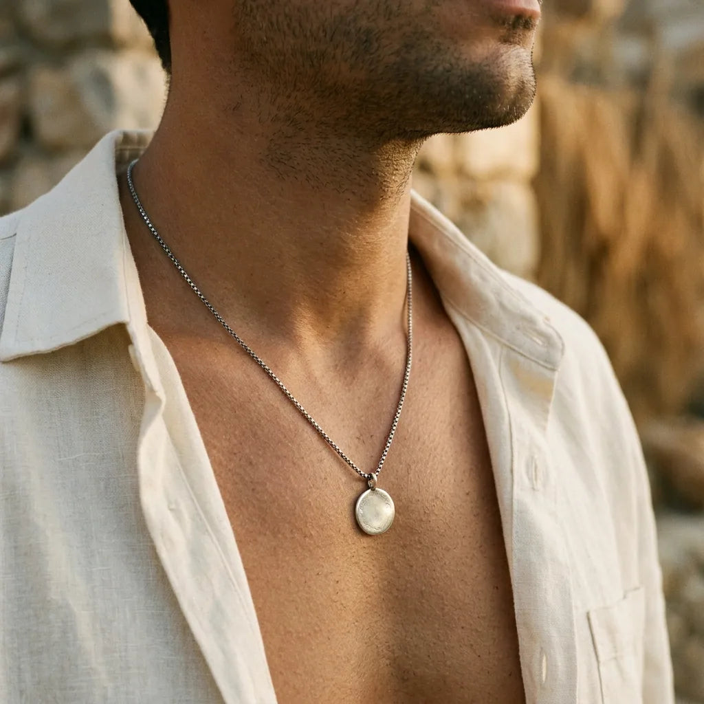 Silver medallion pendant worn on the chest — quiet luxury men's jewelry
