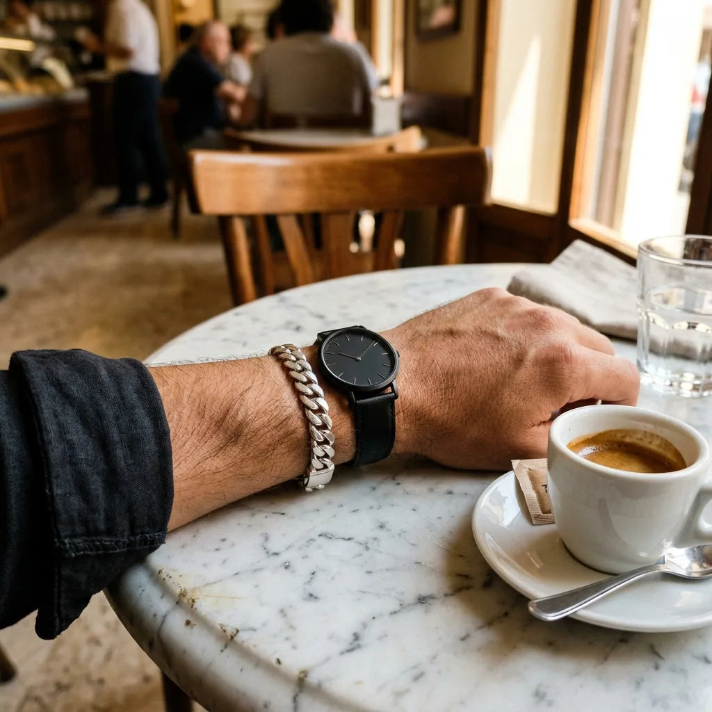 Silver curb bracelet espresso close-up