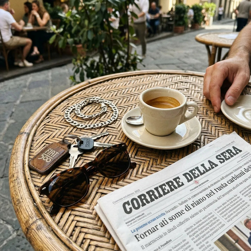 Flat lay silver mariner espresso Fiat 500
